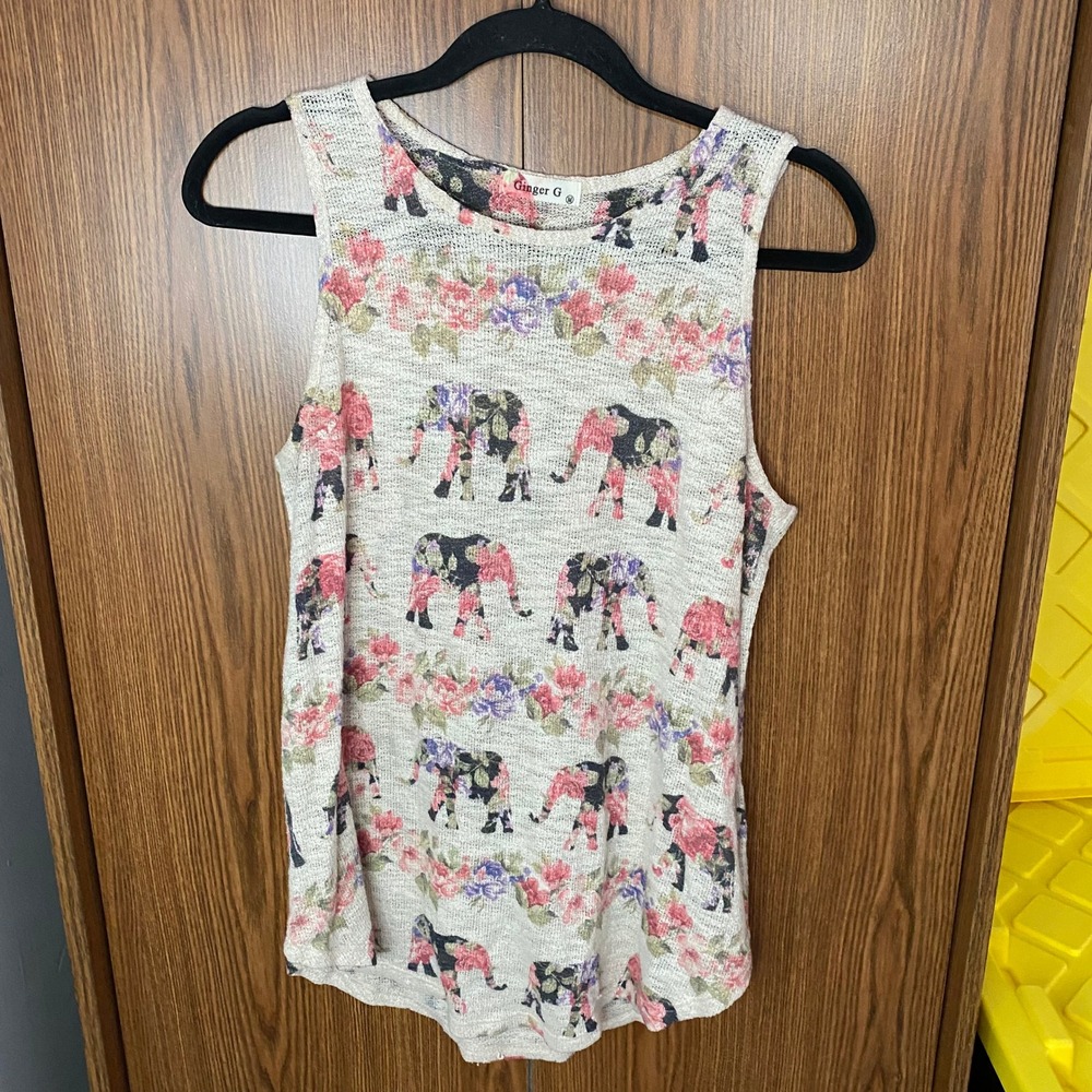 Ginger G Elephant Floral Tank Top Women Medium Cream Sleeveless Knit